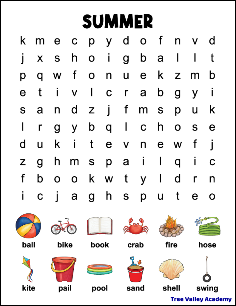 1St Grade Summer Word Search - Tree Valley Academy within First Grade Word Search Printable