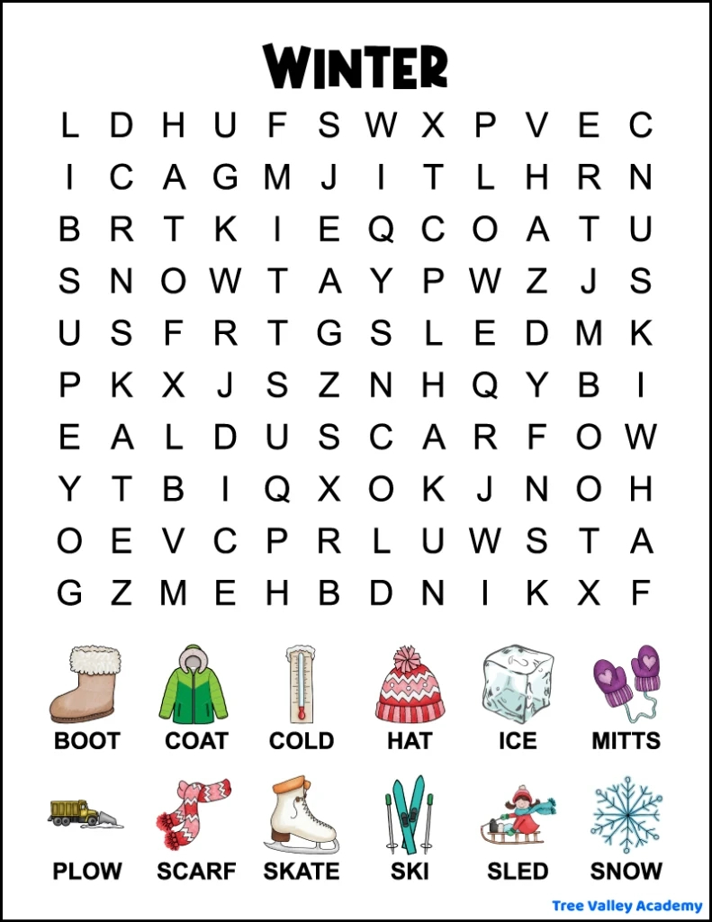 1St Grade Winter Word Search - Tree Valley Academy throughout First Grade Word Search Printable