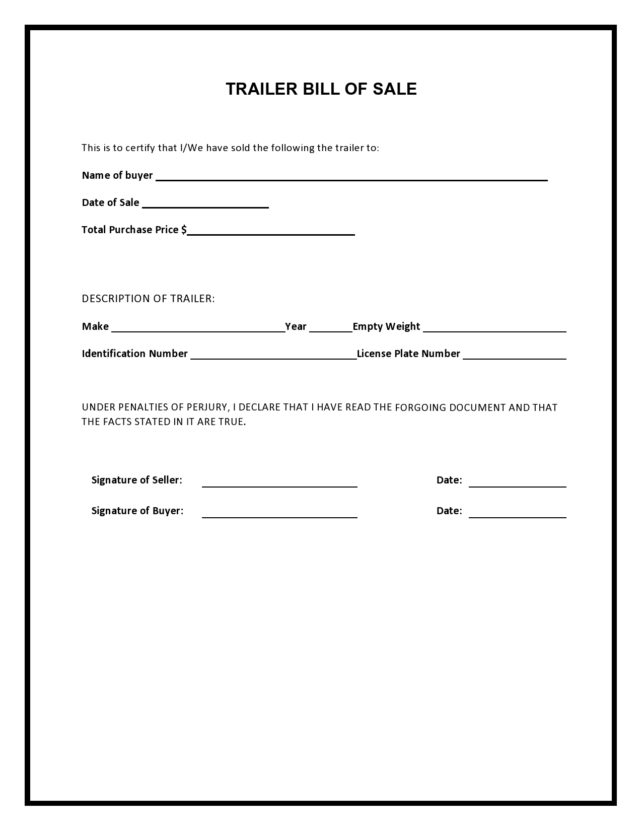 38 Printable Trailer Bill Of Sale Templates [Word] - Templatelab for Printable Bill of Sale For a Trailer