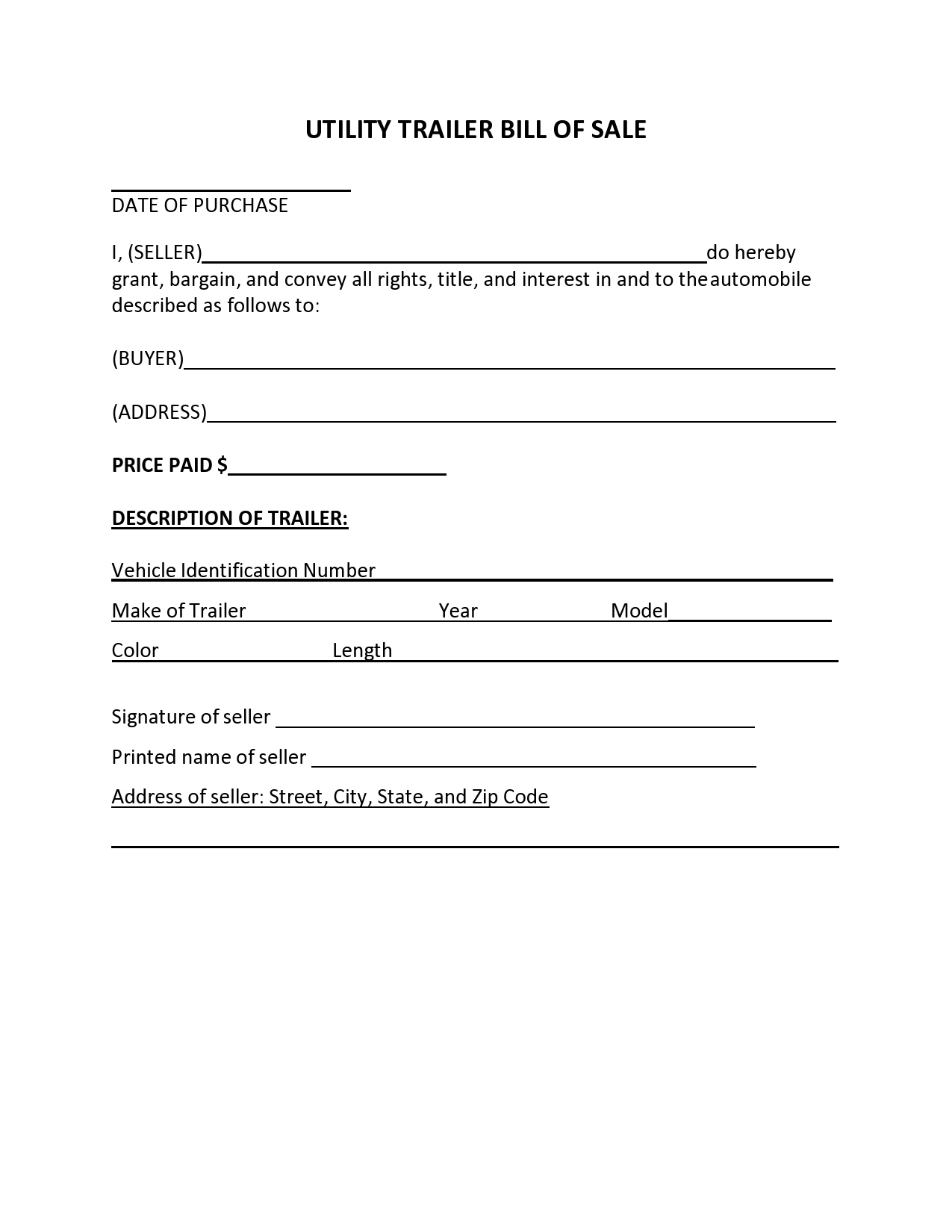 38 Printable Trailer Bill Of Sale Templates [Word] - Templatelab intended for Printable Bill Of Sale For A Trailer