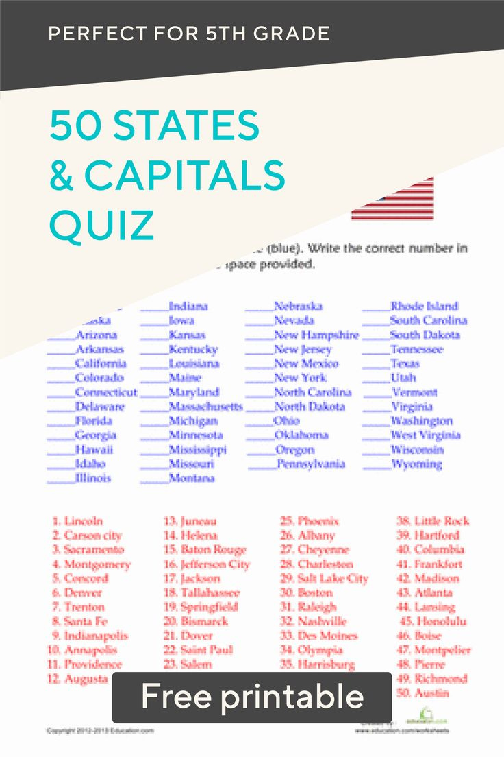 50 States And Capitals Quiz | Worksheet | Education in 50 States And Capitals Quiz Printable