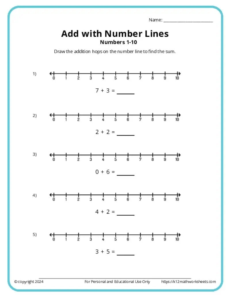 Add With Number Lines - K12 Math Worksheets with K 12 Free Printable Worksheets