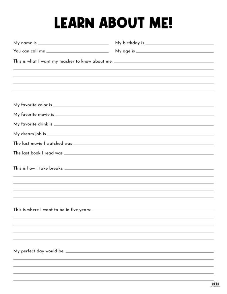 All About Me Printable Worksheets - 50 Free Printables | Printabulls throughout Printable All About Me Questions For Adults
