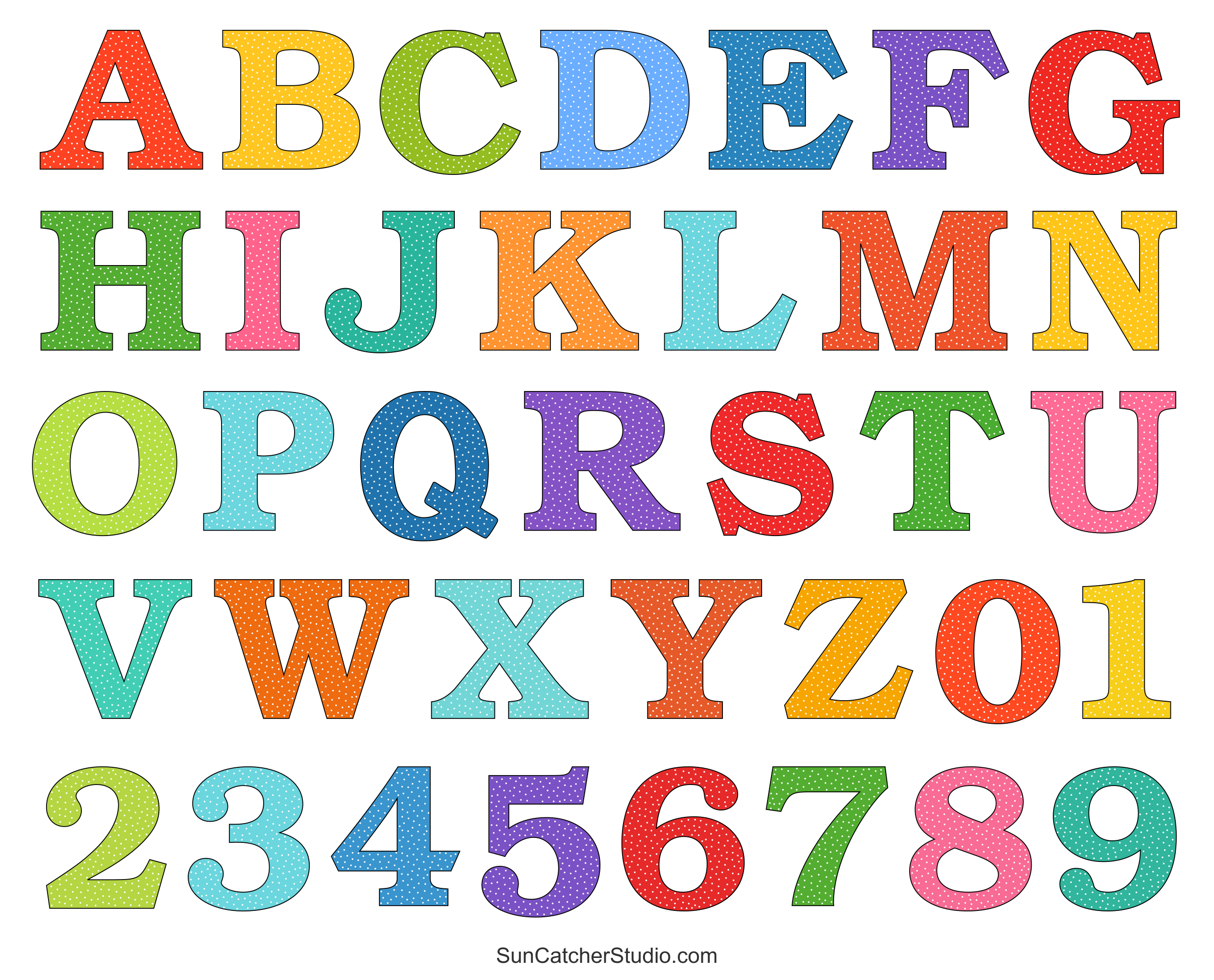 Alphabet Letters And Numbers With A Colorful Polka Dot Design regarding Printable Alphabet Letters and Numbers
