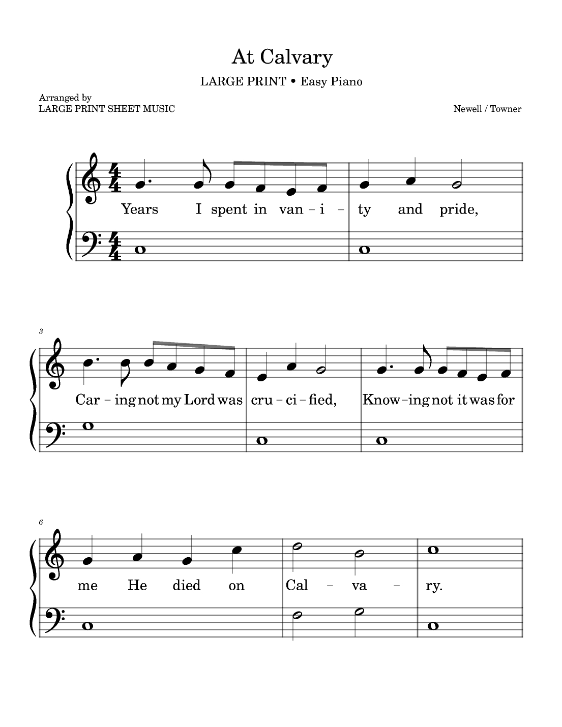 At Calvary | Large Print | Praise And Worship Hymn | Easy Piano (Arr. Large  Print Sheet Music)Newell / Towner Easy Piano Digital Sheet Music in Free Printable Praise and Worship Sheet Music