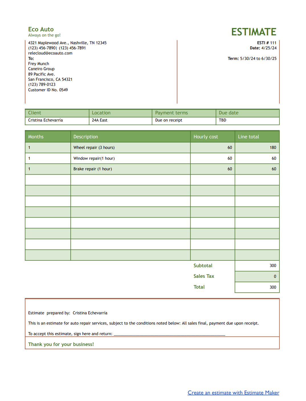 Auto Repair Estimate Templates inside Printable Free Auto Body Repair Estimate Template Forms