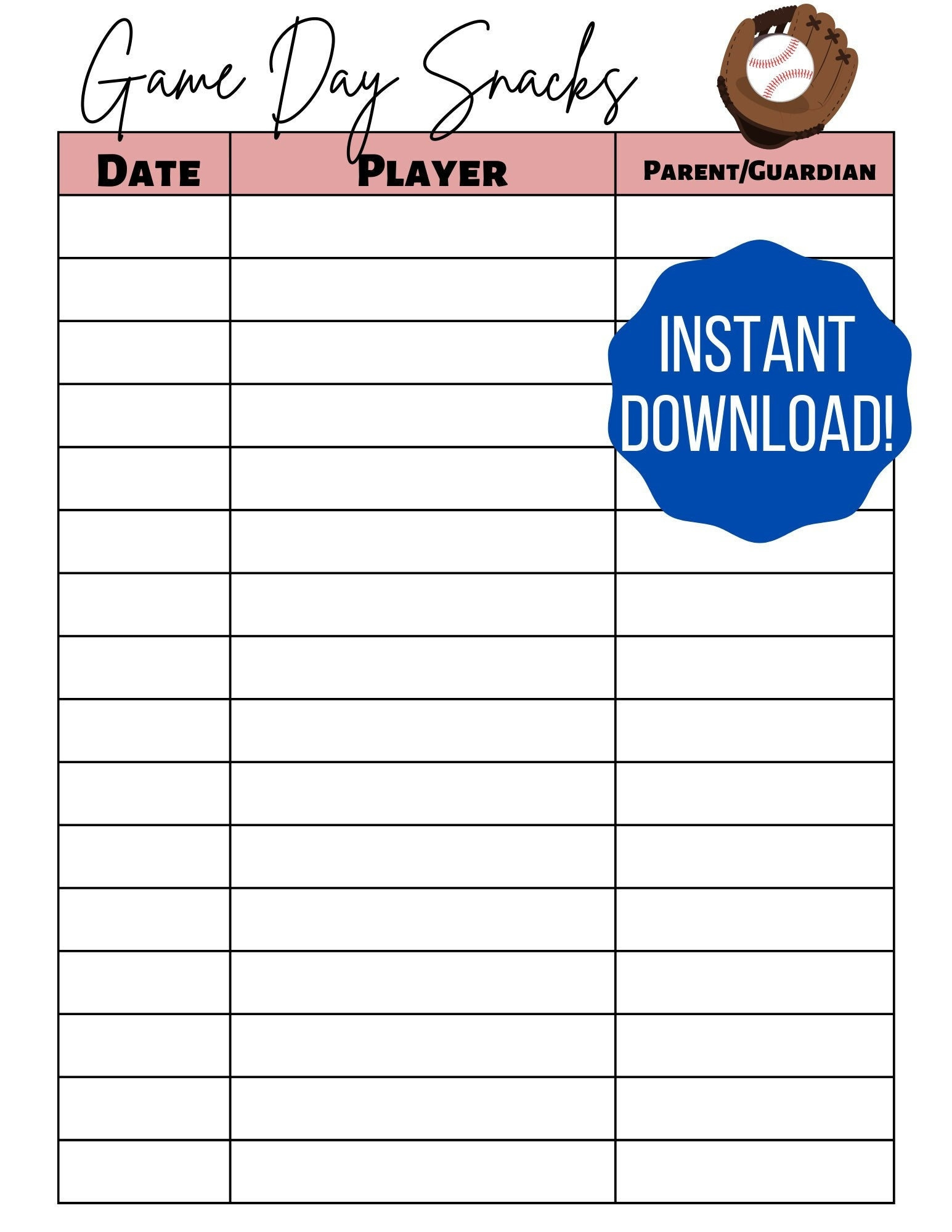 Baseball Snack Sign Ups /Baseball Printable /Coach Printable intended for Free Printable Snack Sign Up Sheet Baseball