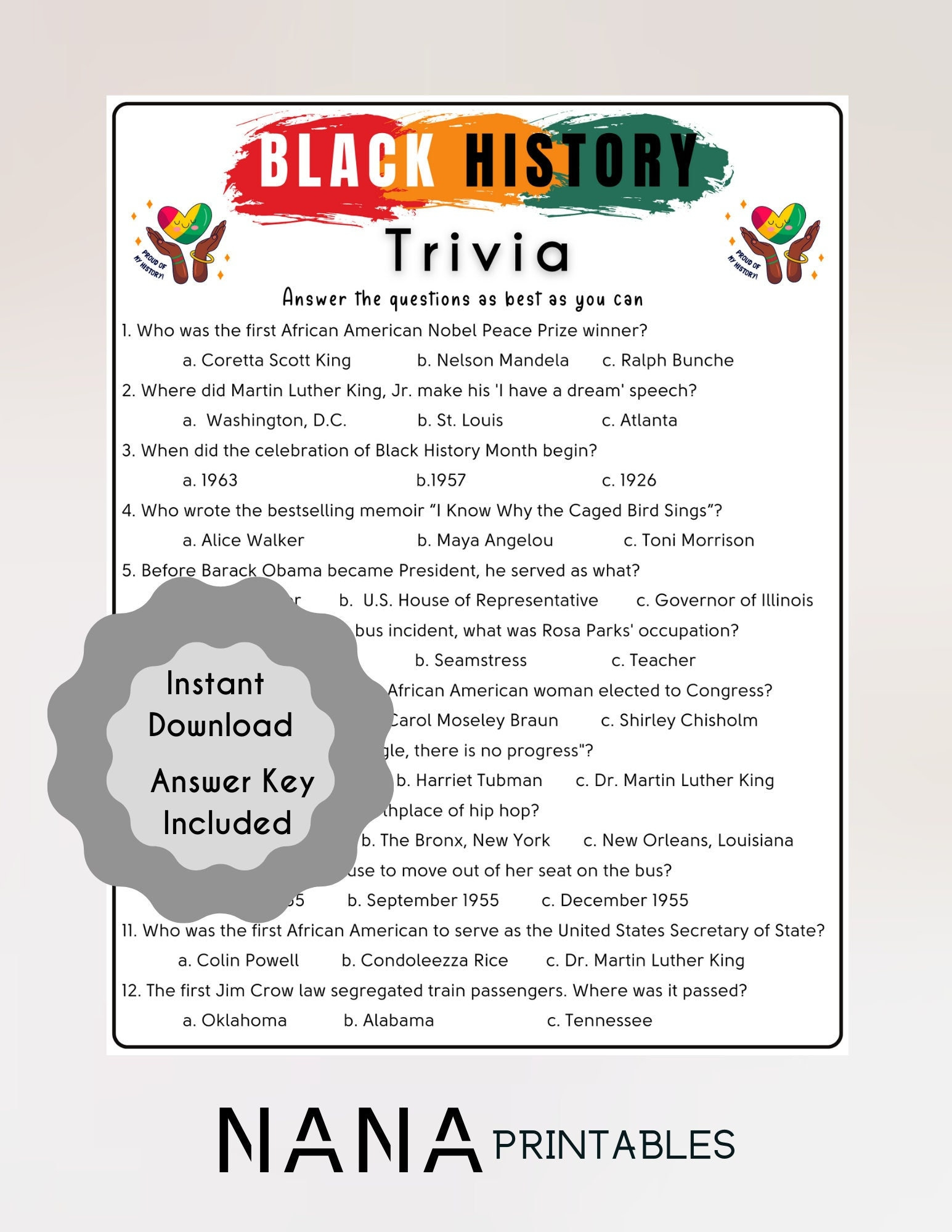Black History Month Trivia Game: Fun School Quiz (Printable Pdf pertaining to Black History Month Trivia Questions and Answers Printable