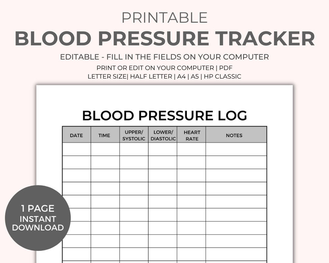 Blood Pressure Chart Printable - Instant Download, Medical Tracker with Pdf Free Printable Simple Blood Pressure Log