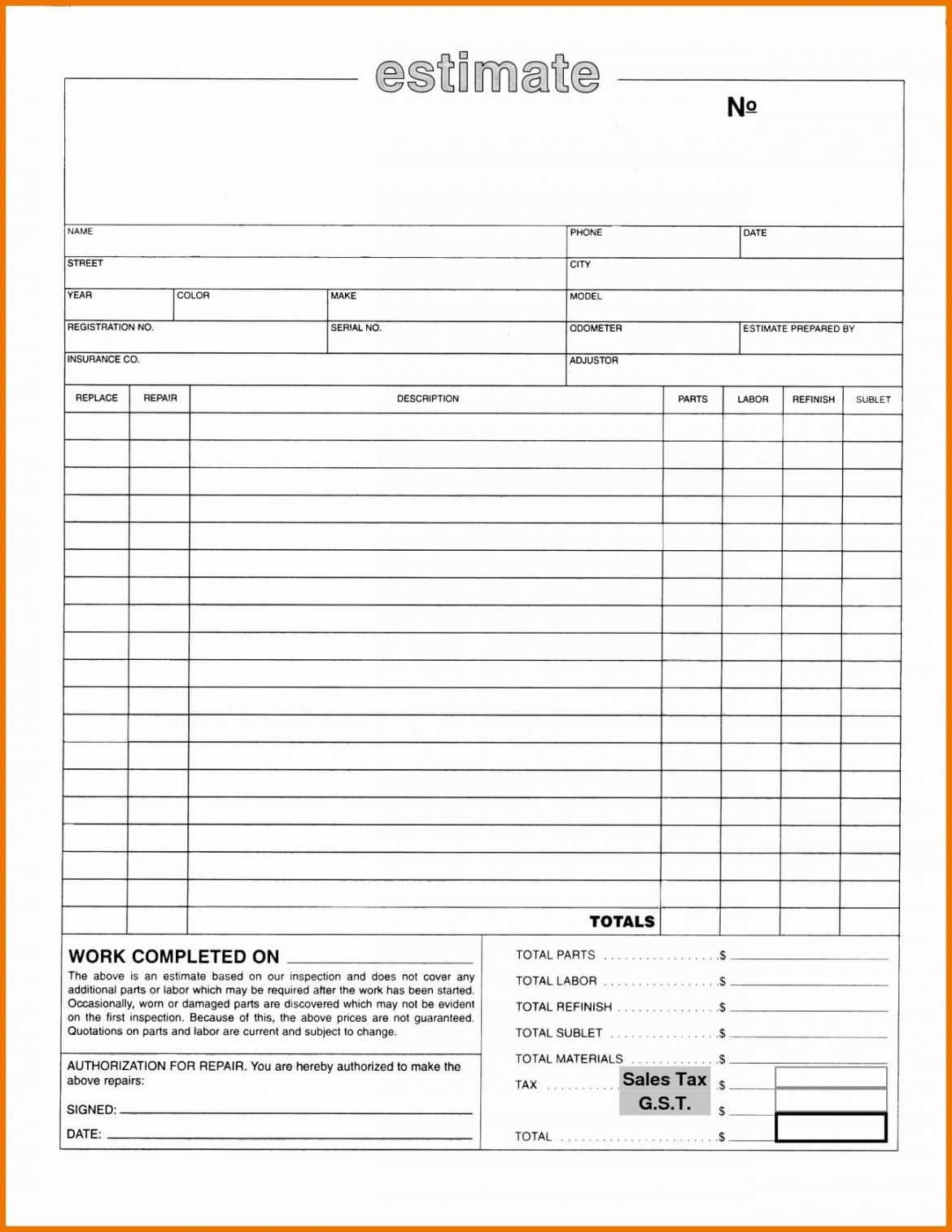 Body Shop Estimate Form Template regarding Printable Free Auto Body Repair Estimate Template Forms