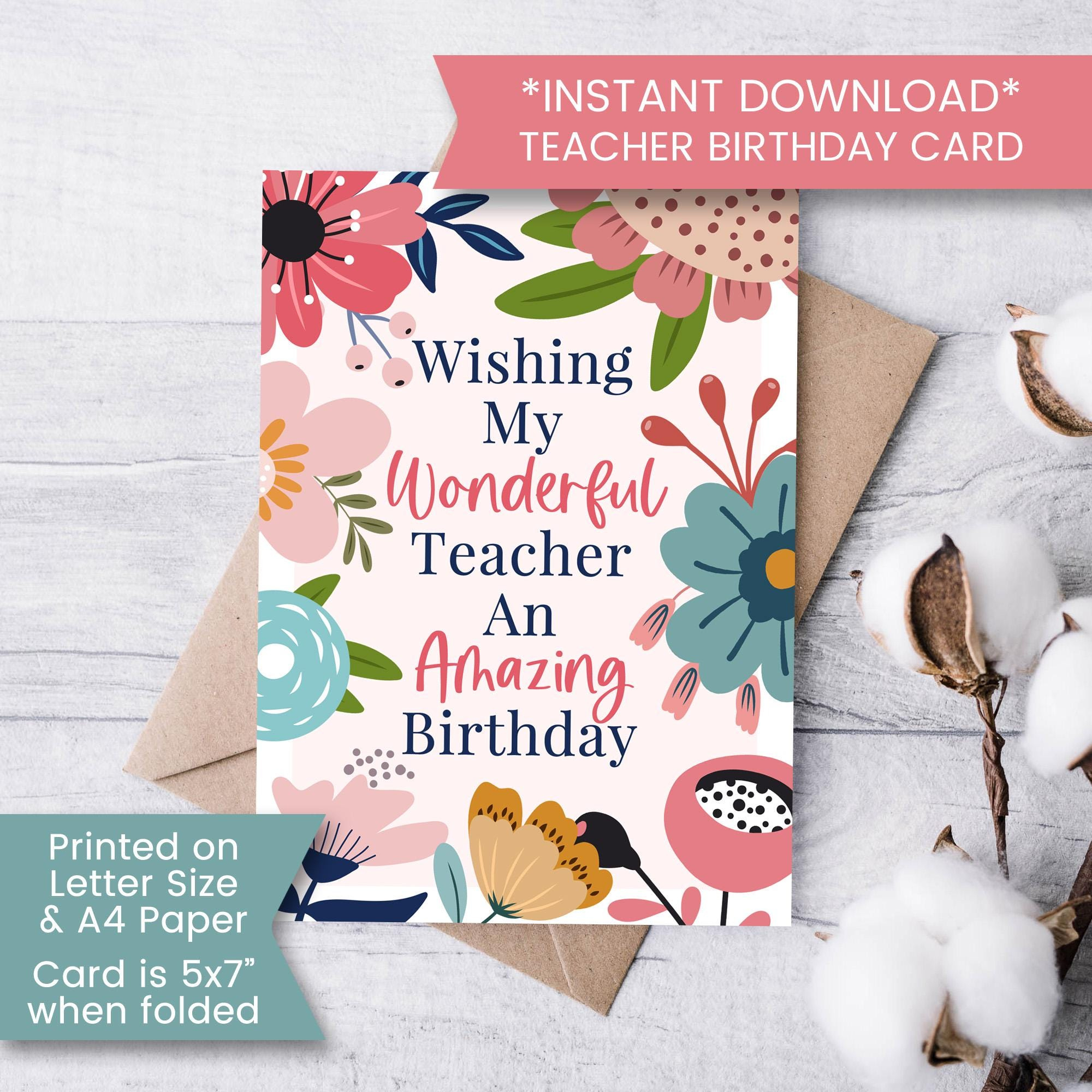 Buy Printable Birthday Card For Teacher, Teacher Birthday Card in Happy Birthday Card For Teacher Printable