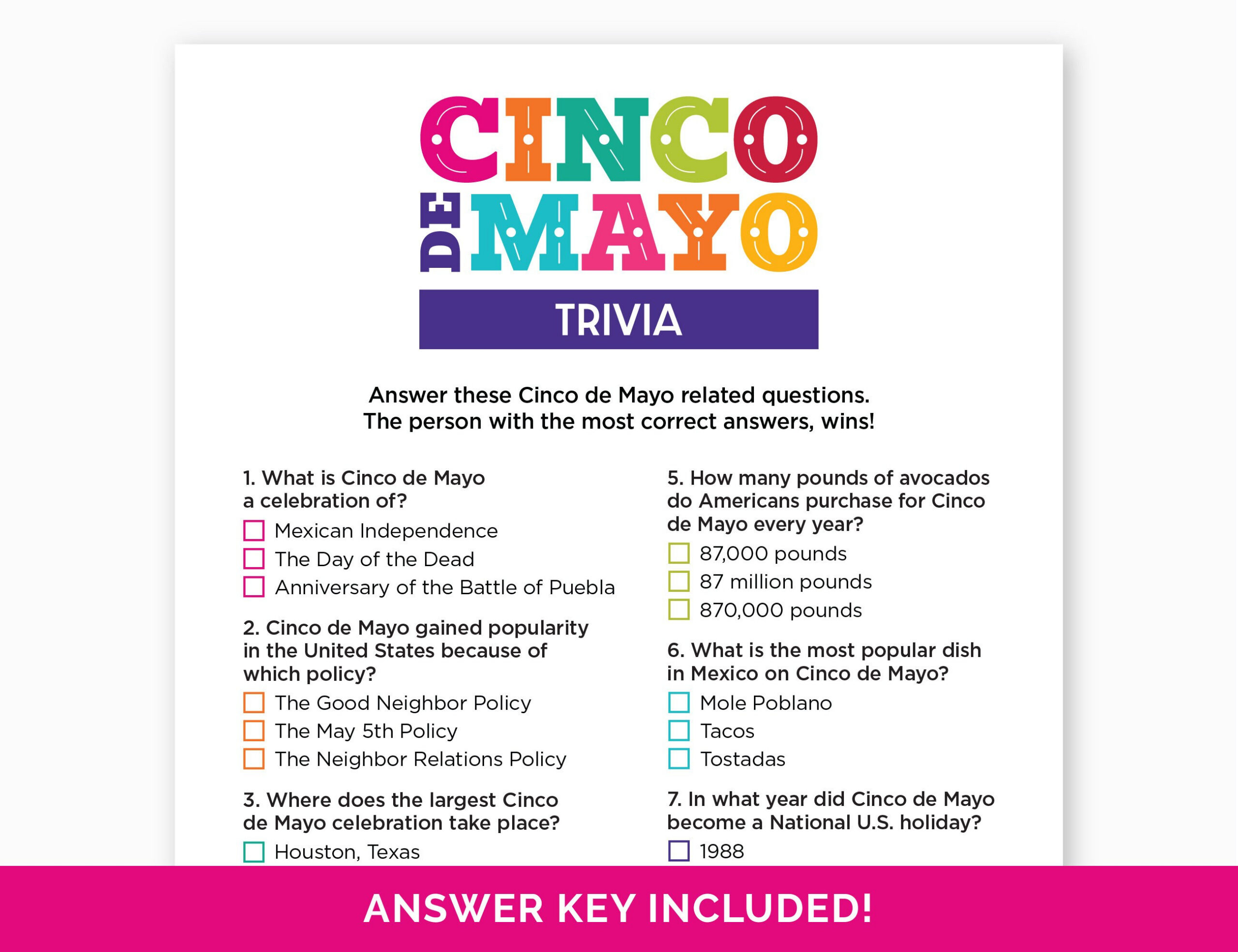 Cinco De Mayo Trivia Game, Printable Quiz With Answers For A inside Cinco De Mayo Trivia Questions And Answers Printable