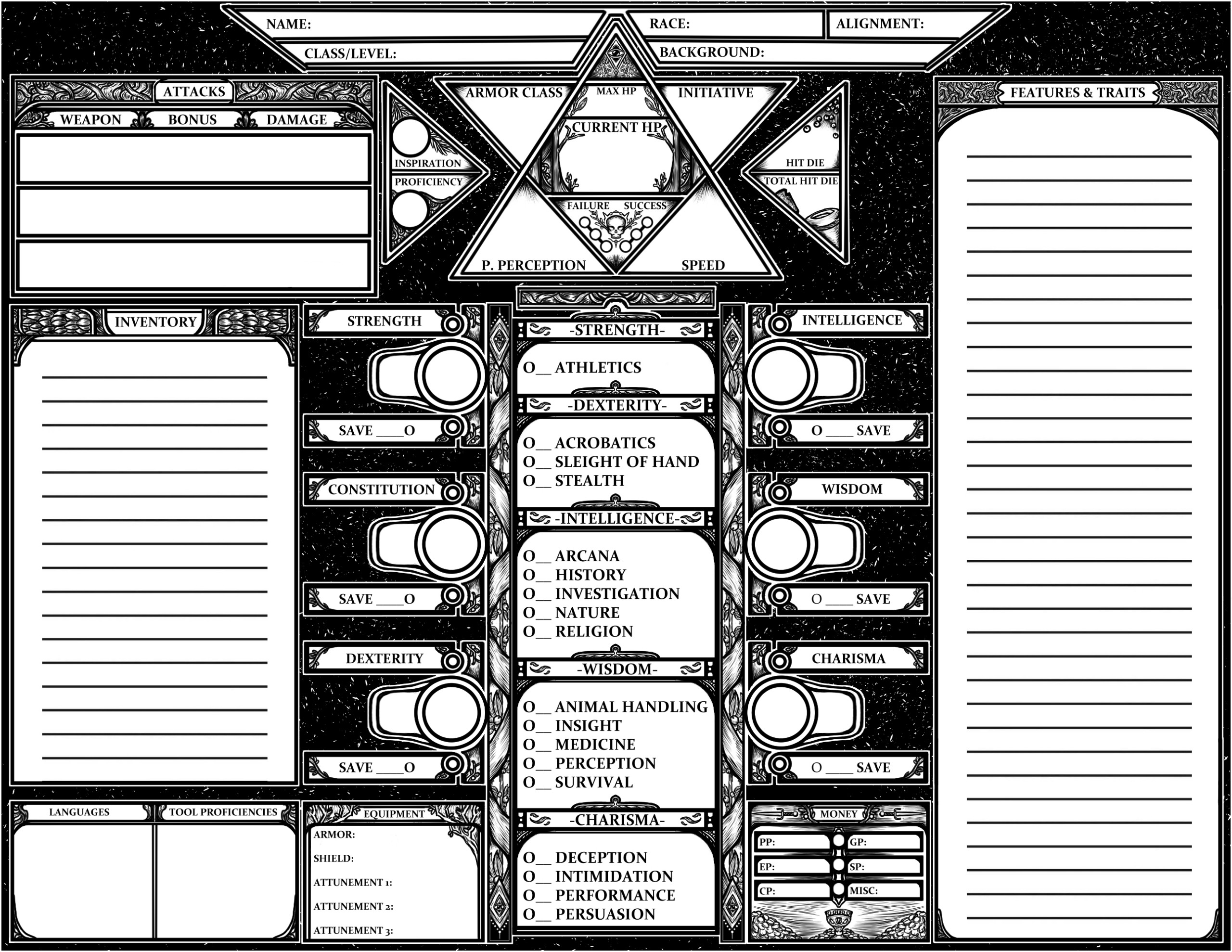 D&amp;amp;D 5E Woodblock Print Styled Character Sheetlaplace Atelier inside Dungeons And Dragons Printable Character Sheet