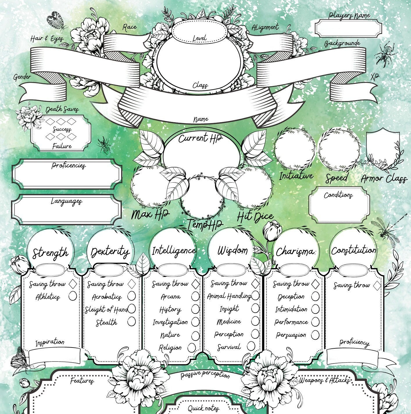 Dnd Printable Character Sheet, Dnd Botanical Character Sheet, Dnd for D&amp;amp;amp;D Character Sheets Printable