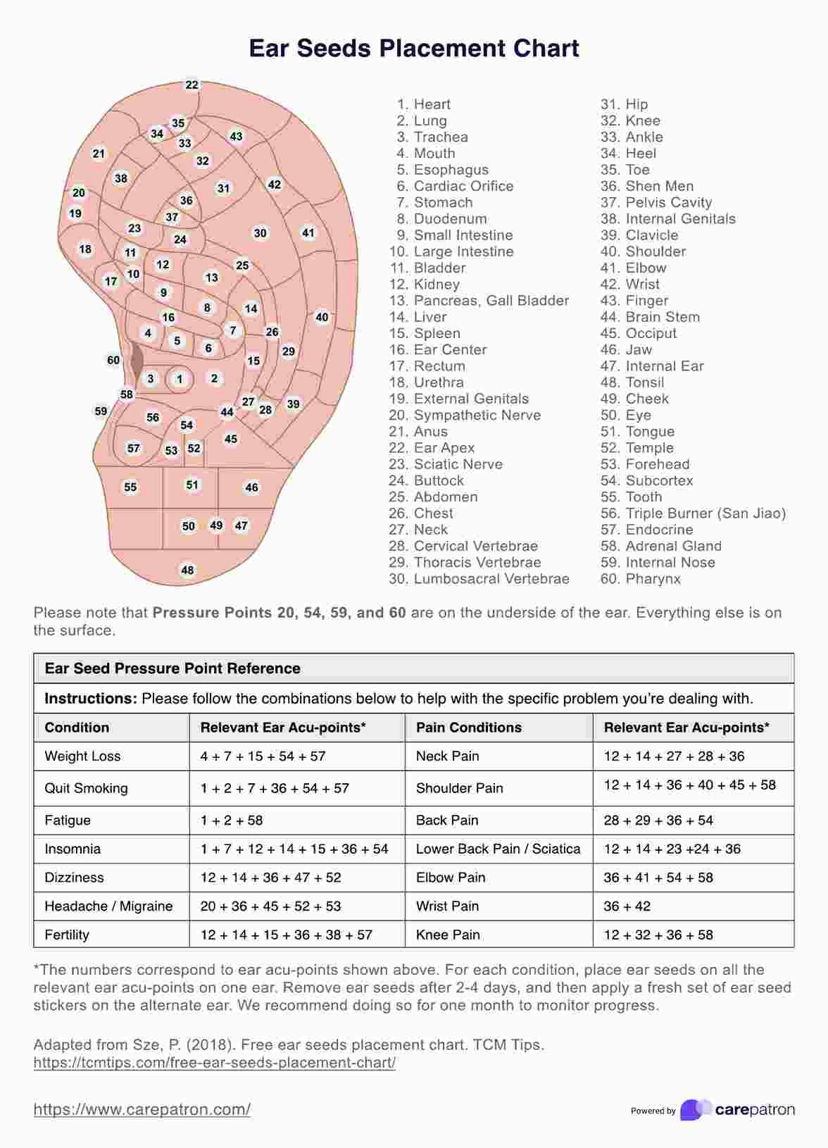 Ear Seeds Placement Chart intended for Printable Ear Seed Placement Chart