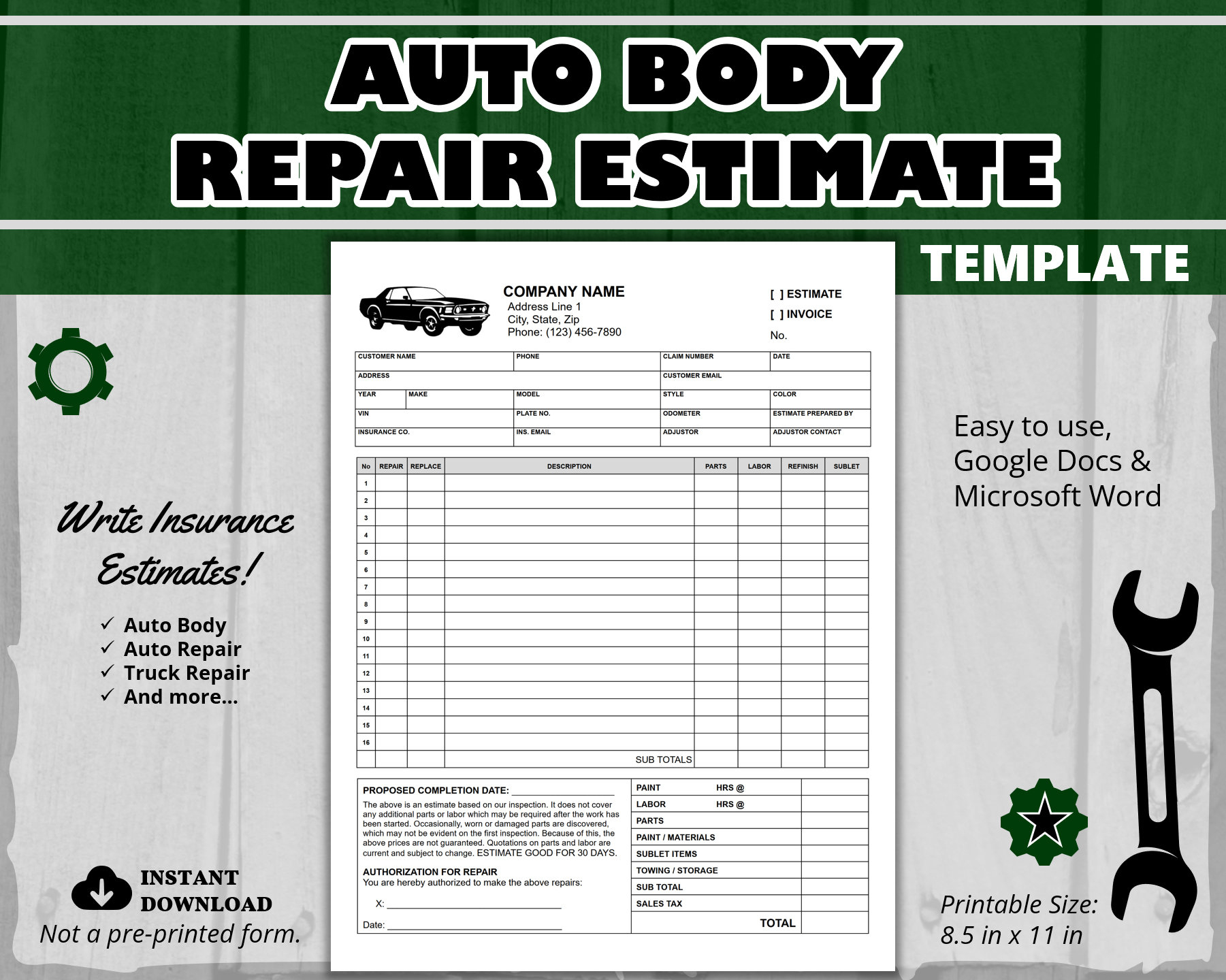 Editable Auto Body Repair Estimate Template, Word, Google Docs regarding Printable Free Auto Body Repair Estimate Template Forms