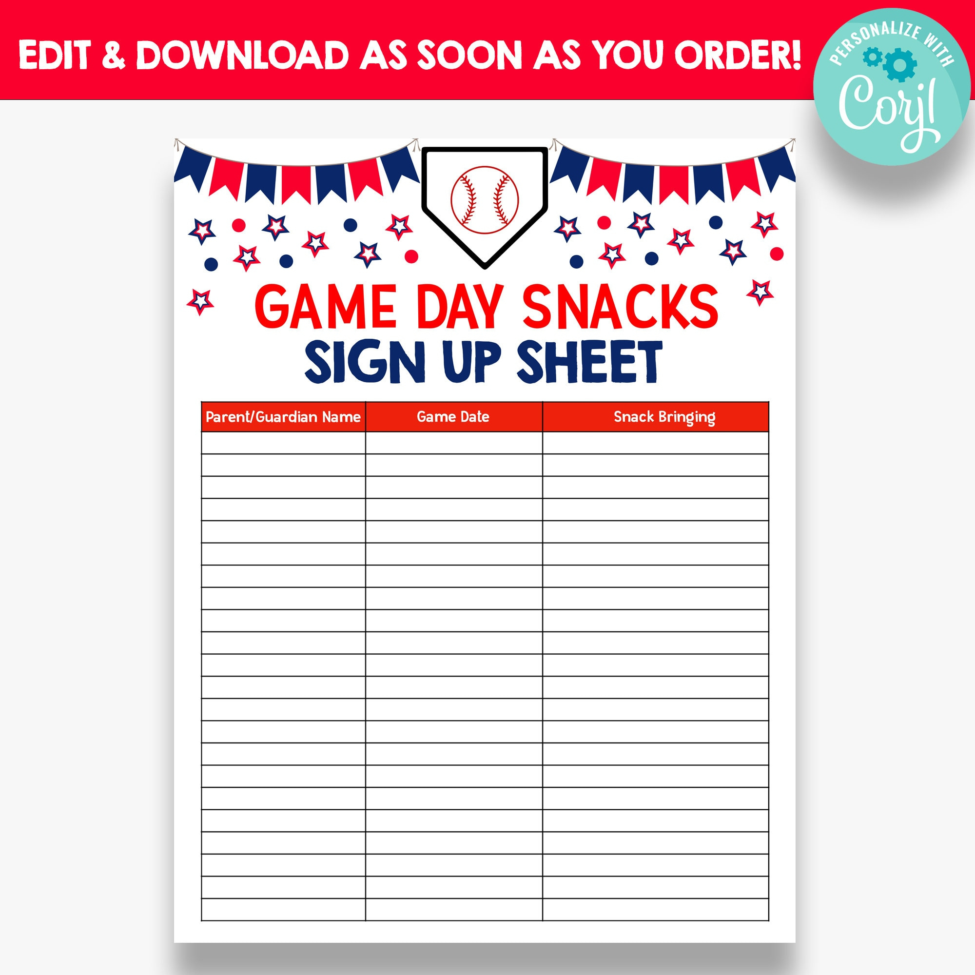 Editable Baseball Snack Sign Up Sheet | Game Day Snacks Sign Up for Free Printable Snack Sign Up Sheet Baseball