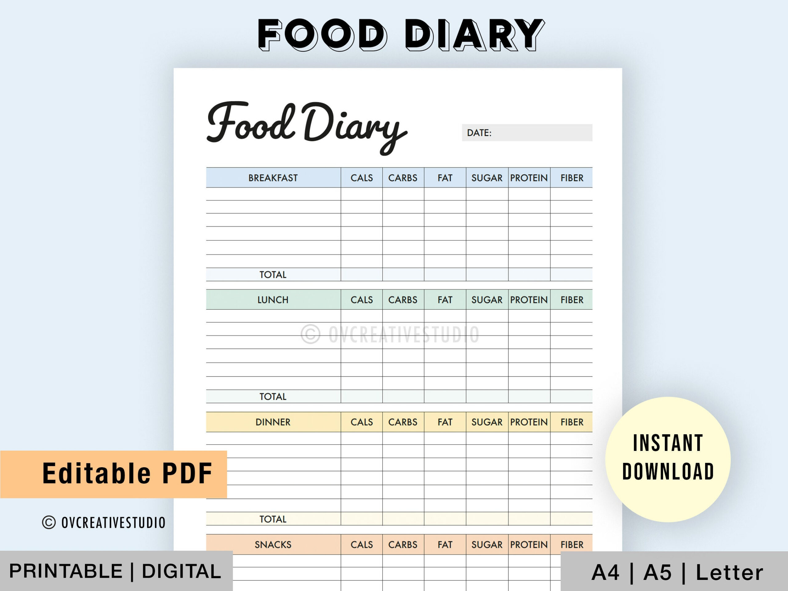 Editierbares Lebensmitteltagebuch | Printable Food Journal | Diet regarding Printable Food Journal Food Diary Template