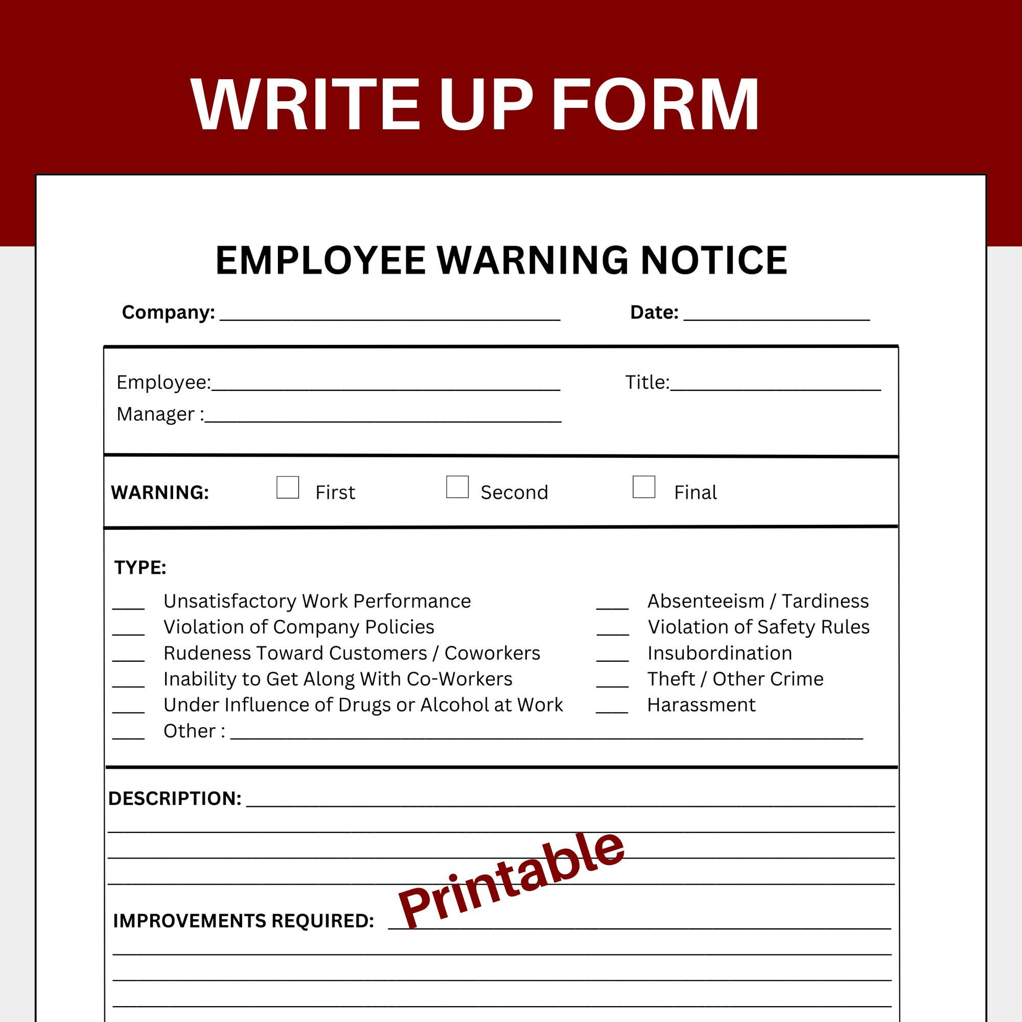 Employee Write Up Form, Staff Write Up Form, Employee Write Up throughout Printable Write Up Forms For Employees