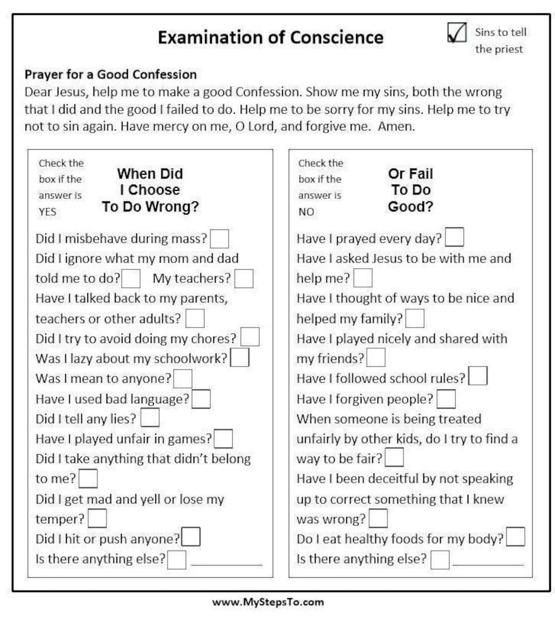 Examination Of Conscience - For Kids To Use Before Confession. - Etsy Sweden with Printable Examination of Conscience Worksheet