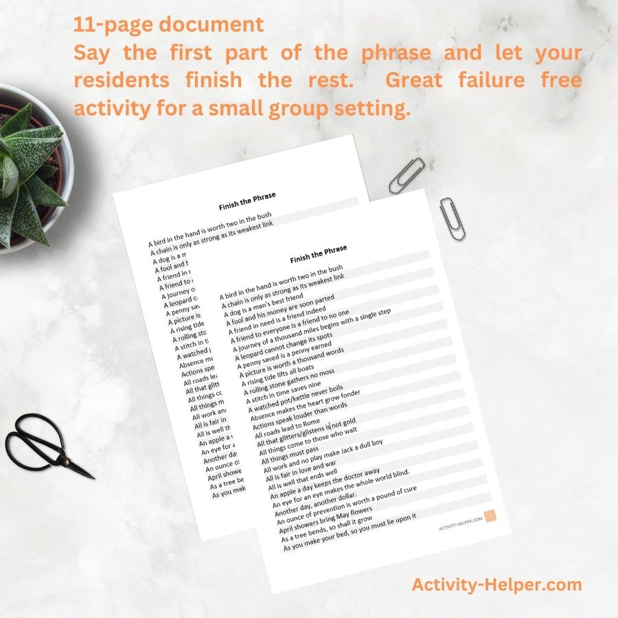 Finish The Phrase within Activities Finish The Phrase For Seniors Printable
