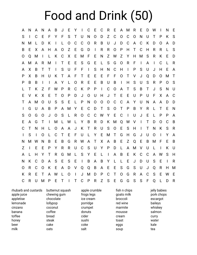 Food And Drink (50) Word Search - Wordmint in Printable Word Searches For Adults