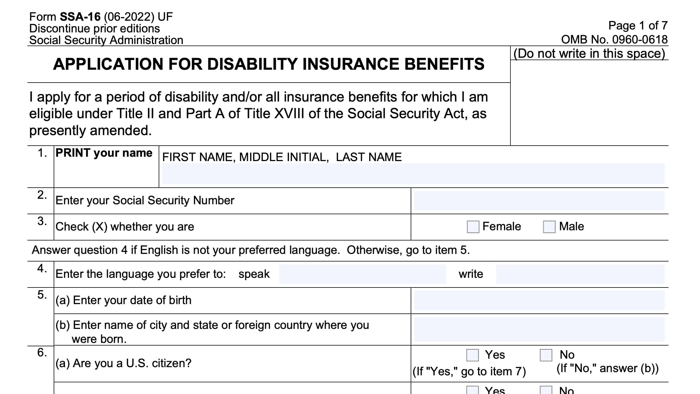 Form Ssa 16 Instructions - Filing Your Disability Benefits Claim intended for Printable Application For Social Security