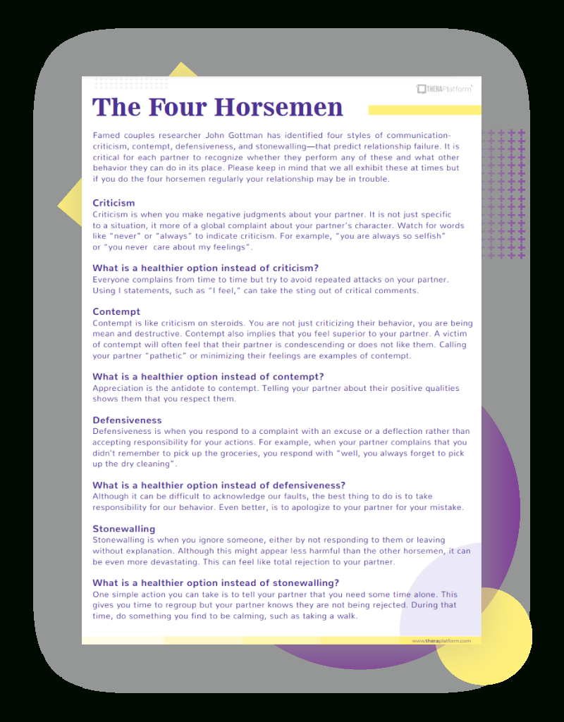 Four Horsemen Worksheet pertaining to Printable Gottman Handouts Couples