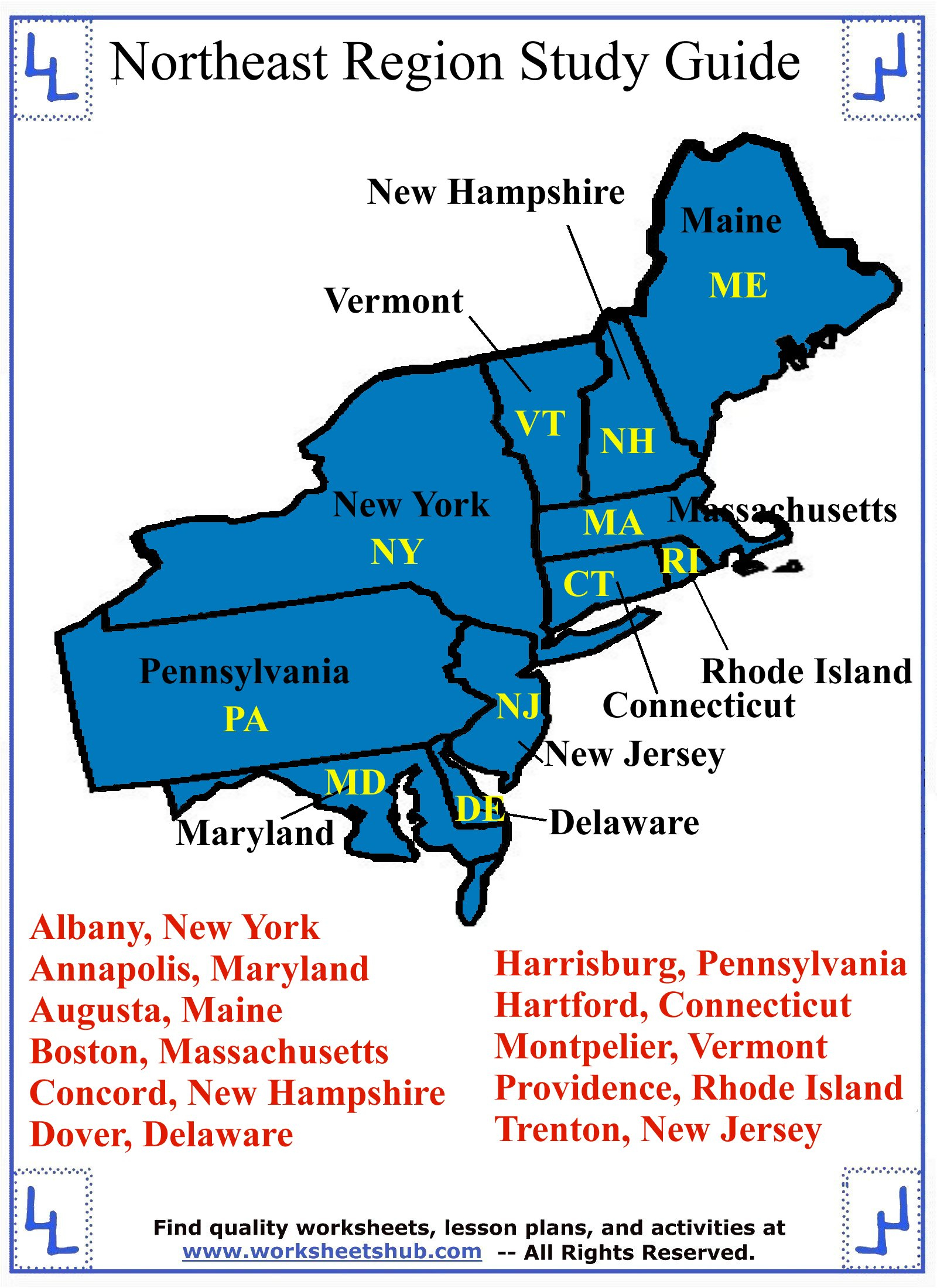 Fourth Grade Social Studies - Northeast Region States And Capitals with regard to Northeast States And Capitals Map Printable