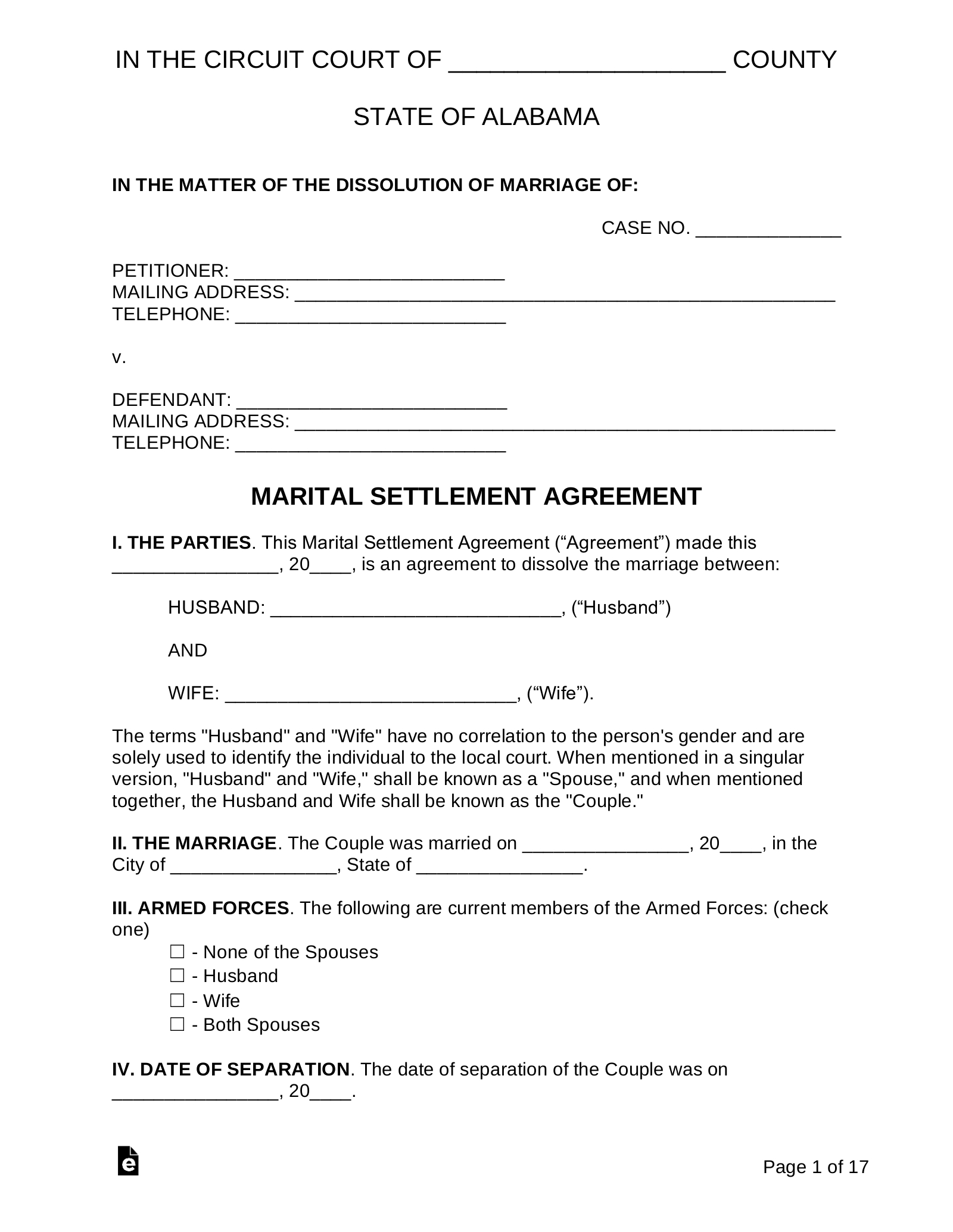 Free Alabama Marital Settlement (Divorce) Agreement - Pdf | Word within Printable Alabama Divorce Papers Free Download