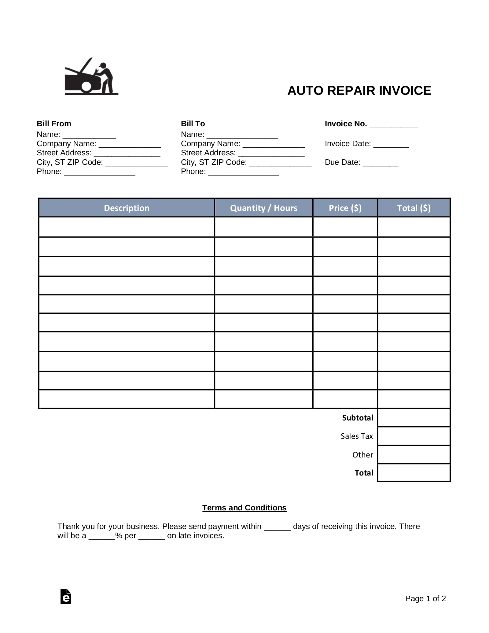 Free Auto Body (Mechanic) Invoice Template - Pdf | Word – Eforms pertaining to Downloadable Free Printable Auto Repair Invoice Template