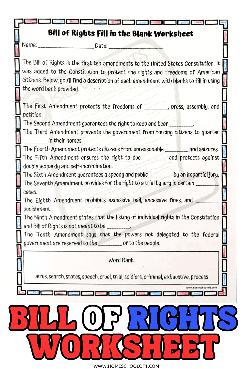 Free Bill Of Rights Worksheet (Fill In The Blank) with Bill Of Rights Printable For Students