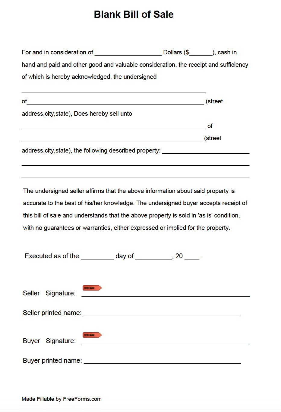 Free Blank Bill Of Sale Form | Pdf throughout Simple Bill Of Sale Printable