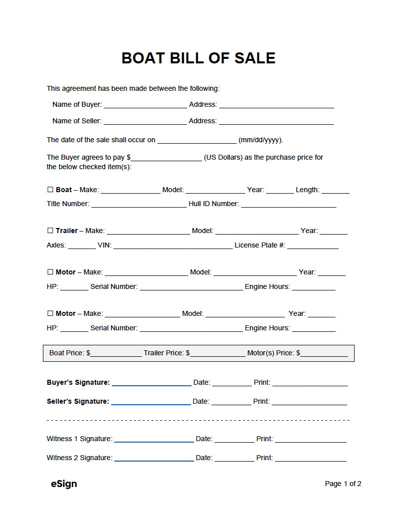 Free Boat (Vessel) Bill Of Sale Template | Pdf | Word within Free Printable Bill Of Sale For Boat And Trailer