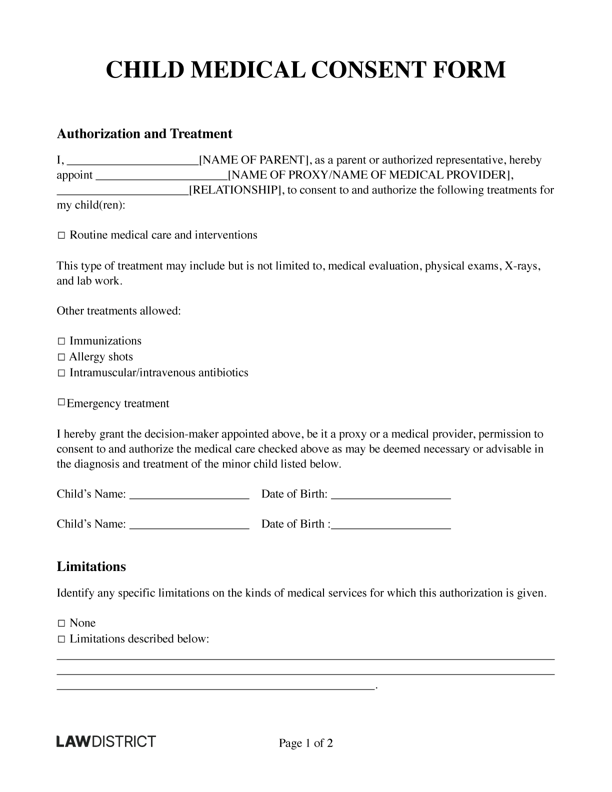 Free Child Medical Consent Form | Online Template | Lawdistrict for Grandparent Printable Medical Consent Form For Minor