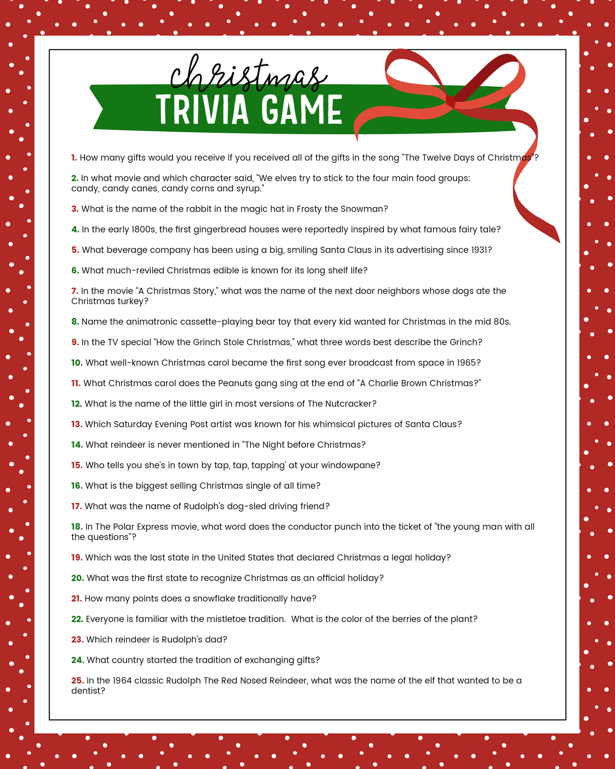 Free Christmas Trivia Printables {Games For The Family!} | Lil&amp;#039; Luna throughout Christmas Trivia Questions and Answers Printables