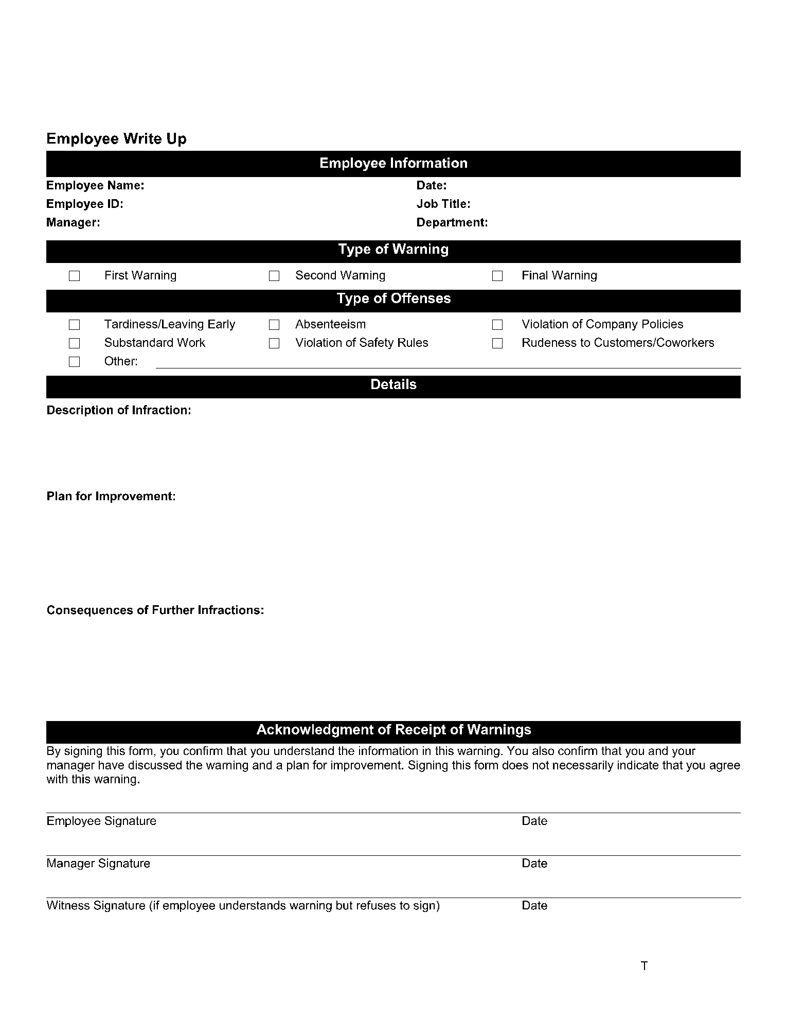 Free Employee Write-Up Forms 2021 | Pdf | Cocosign intended for Printable Write Up Forms For Employees