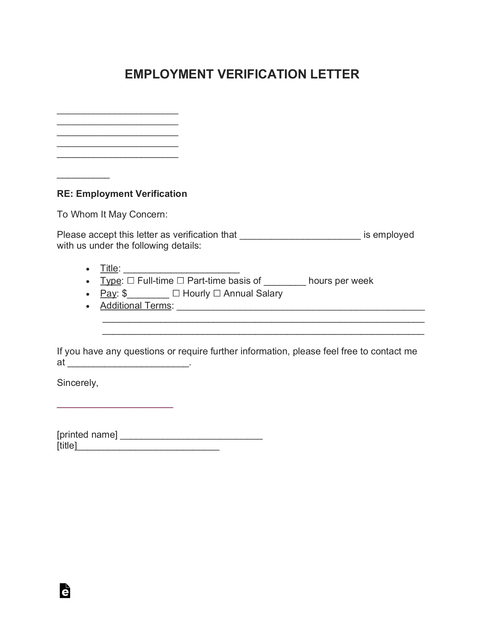 Free Employment (Income) Verification Letter - Pdf | Word – Eforms intended for Printable Verification Of Employment Form