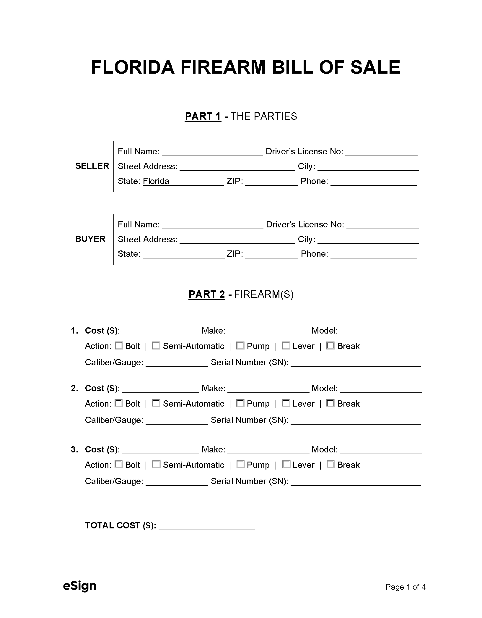 Free Florida Firearm Bill Of Sale Form | Pdf | Word throughout Florida Firearm Bill Of Sale Printable
