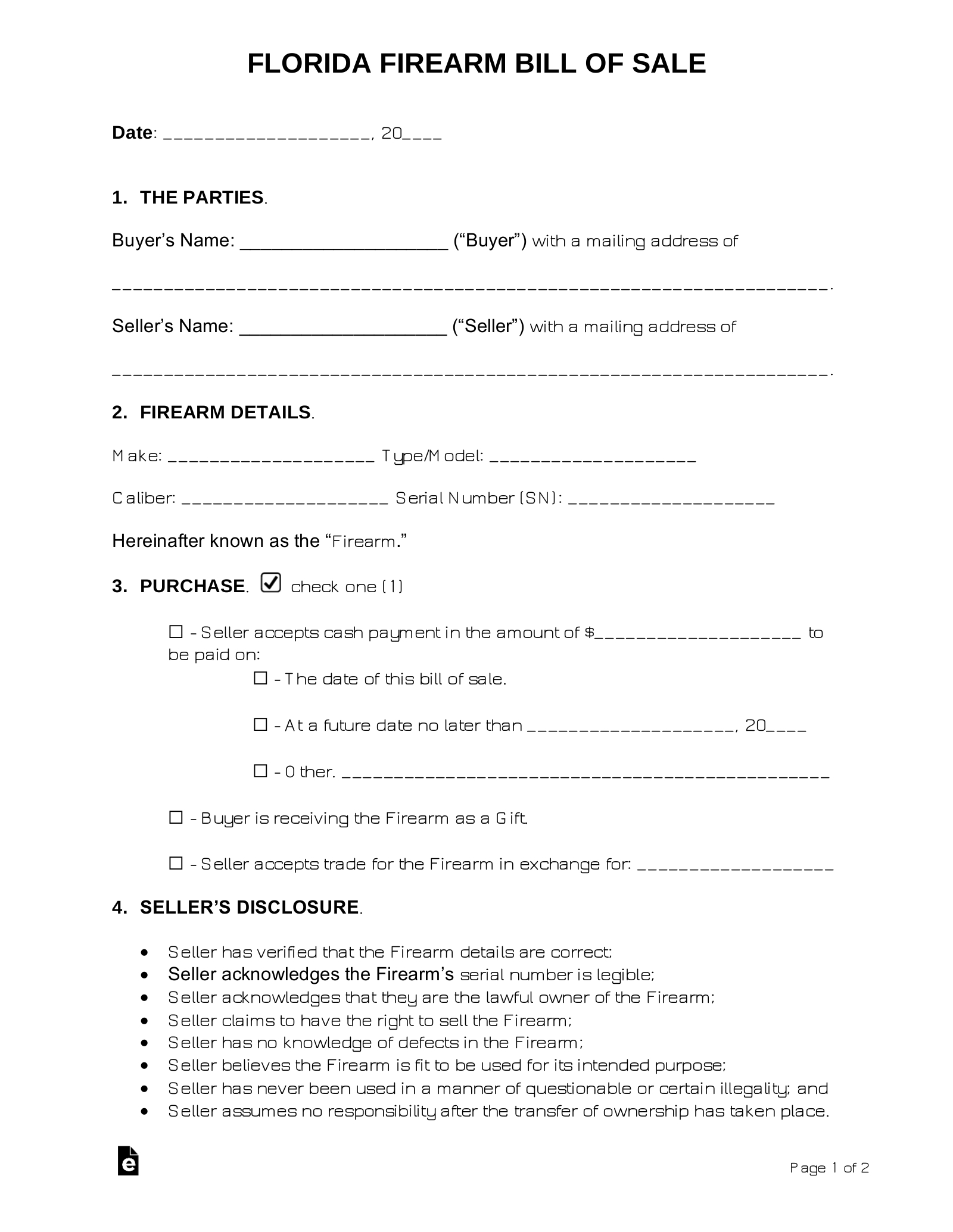 Free Florida Firearm Bill Of Sale Template - Pdf | Word – Eforms intended for Florida Firearm Bill of Sale Printable