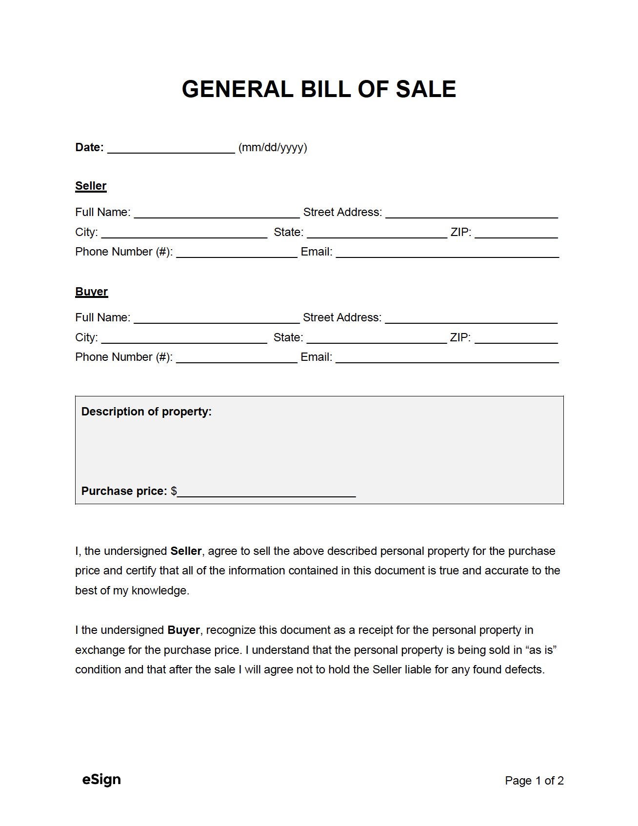 Free General Bill Of Sale Form | Pdf | Word within Simple Bill of Sale Printable