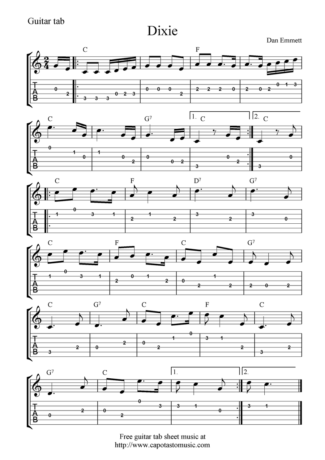 Free Guitar Tab Sheet Music, Dixie - Worksheets Library in Free Printable Sheet Music For Guitar