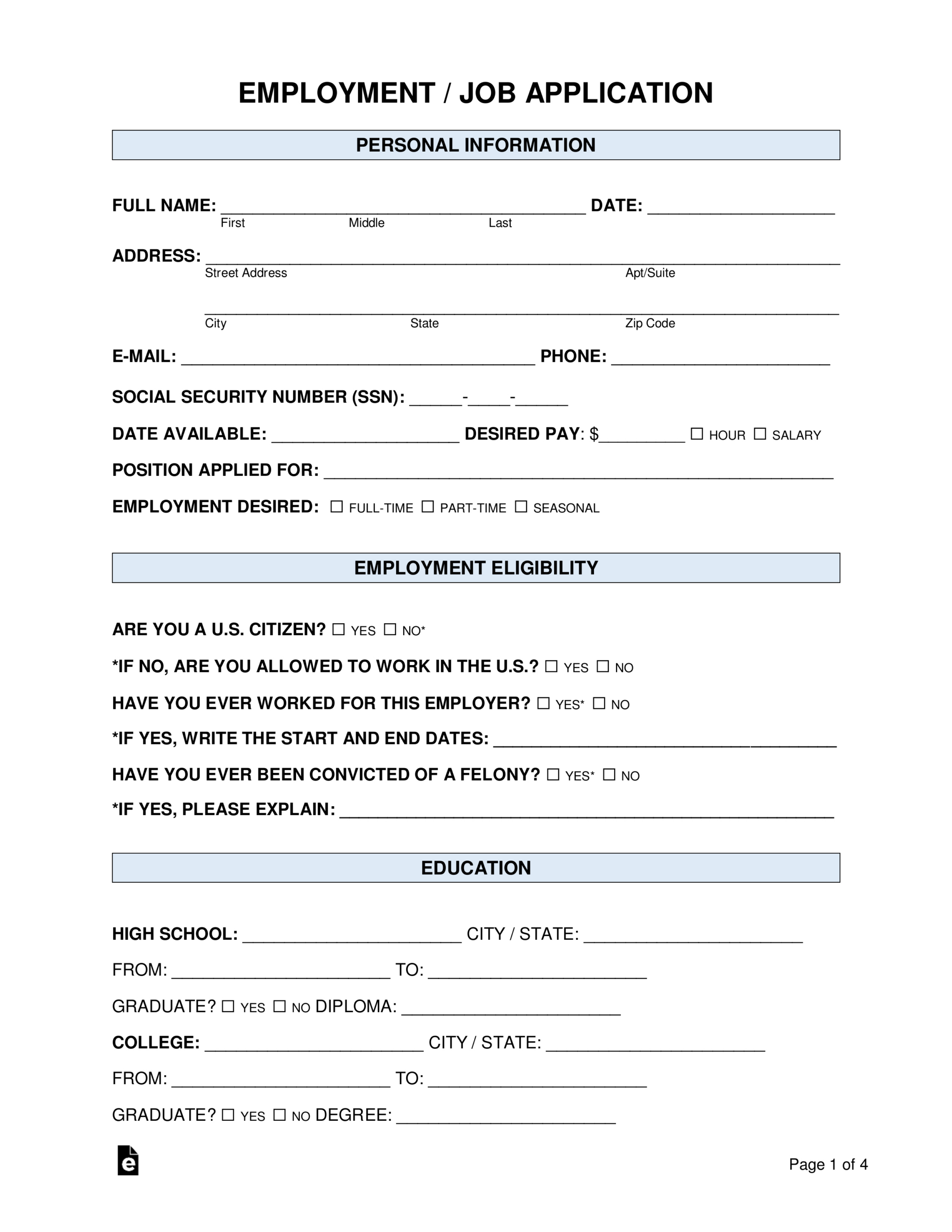 Free Job Application Forms (2) - Pdf | Word – Eforms with Generic Application For Employment Printable