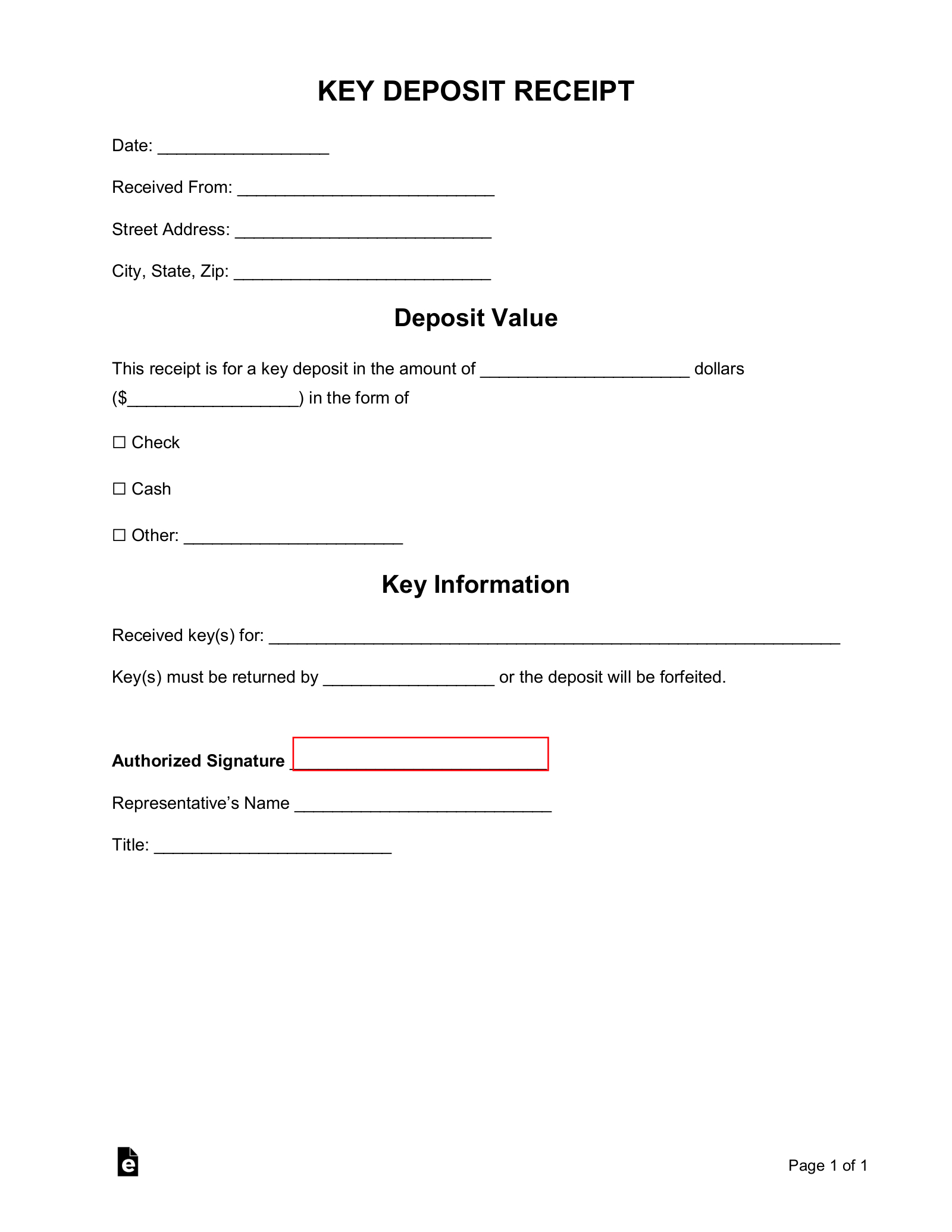 Free Key Deposit Receipt Template - Pdf | Word – Eforms in Printable Key Receipt Acknowledgement Form