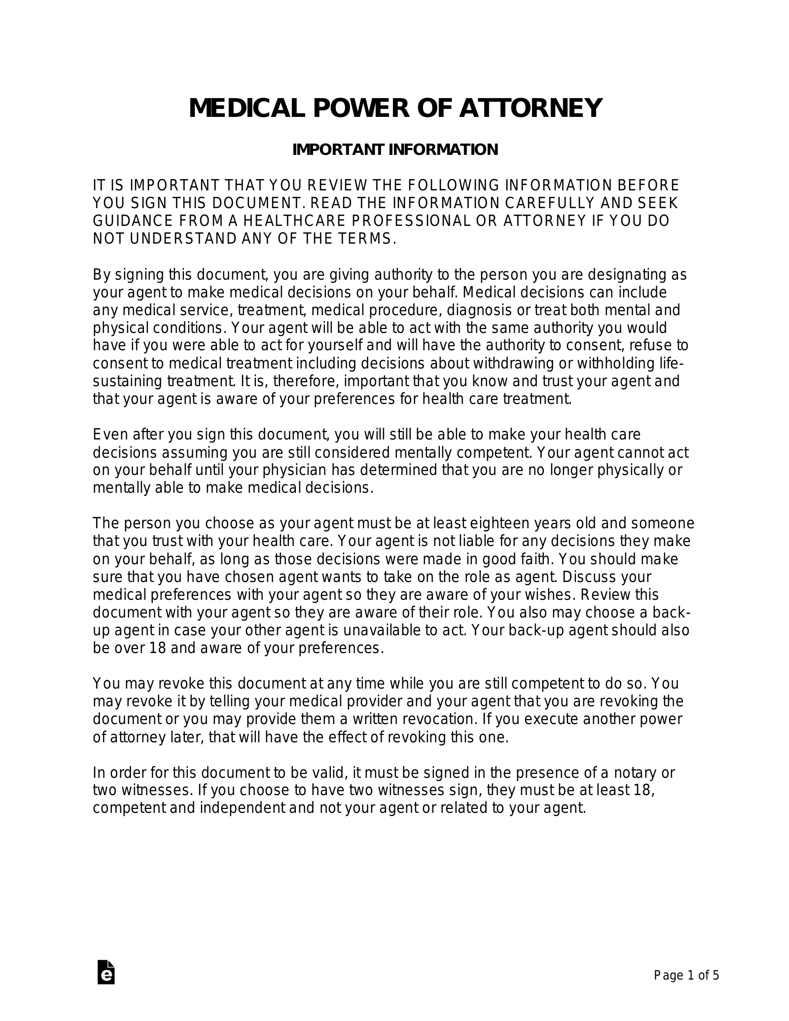 Free Medical Power Of Attorney (Mpoa) Form - Pdf | Word – Eforms for Printable Medical Power of Attorney Form