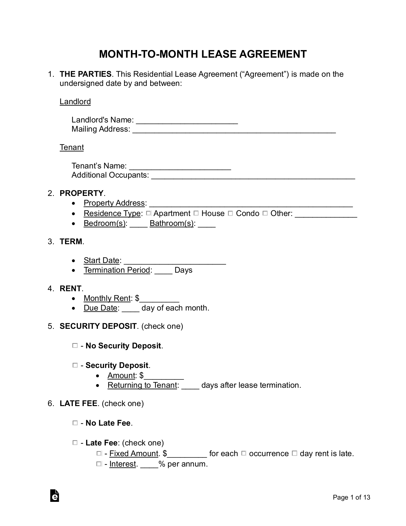 Free Month-To-Month Lease Agreement Template - Pdf | Word – Eforms within Printable Free Lease Agreement Template