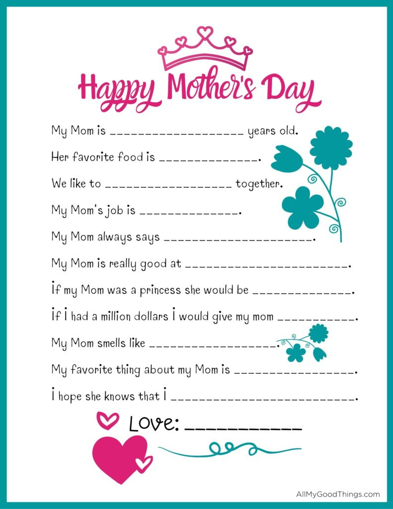 Free Mothers Day Questionnaire Printable - All My Good Things inside Mother&amp;amp;#039;s Day Questionnaire Free Printable