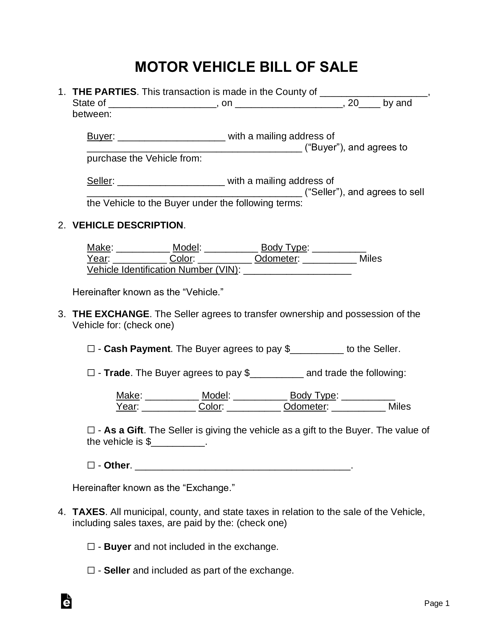Free Motor Vehicle (Dmv) Bill Of Sale Form - Pdf | Word – Eforms with regard to Printable Free Vehicle Bill of Sale