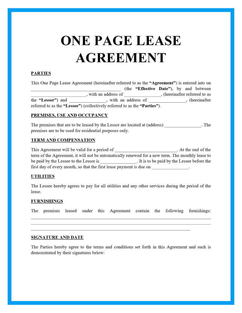 Free One Page Lease Agreement Templates intended for Printable Free Lease Agreement Template