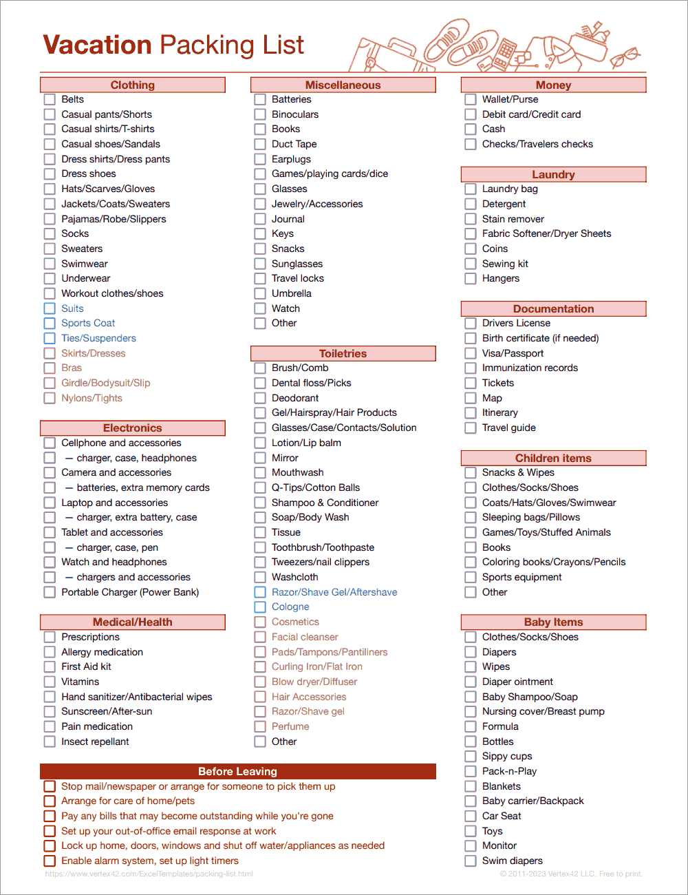 Free Packing List Template For Vacation, Travel Or College for Printable Packing Checklist For Vacation